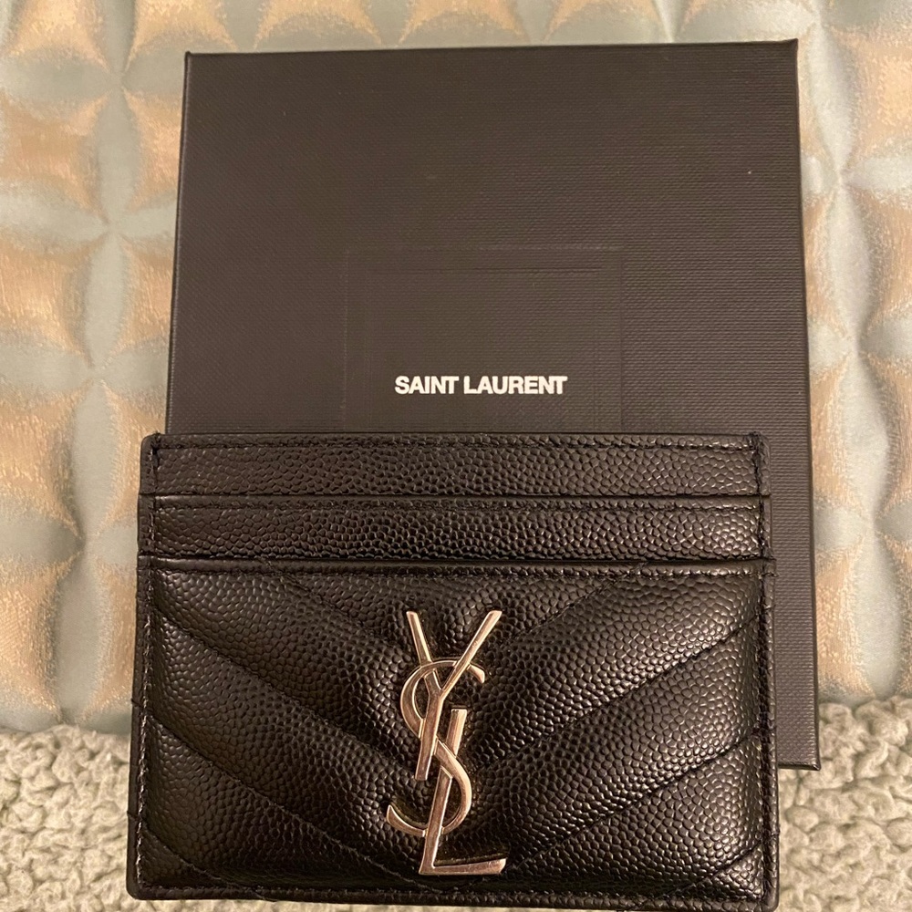 Ysl cardholder black leather with silver hardware